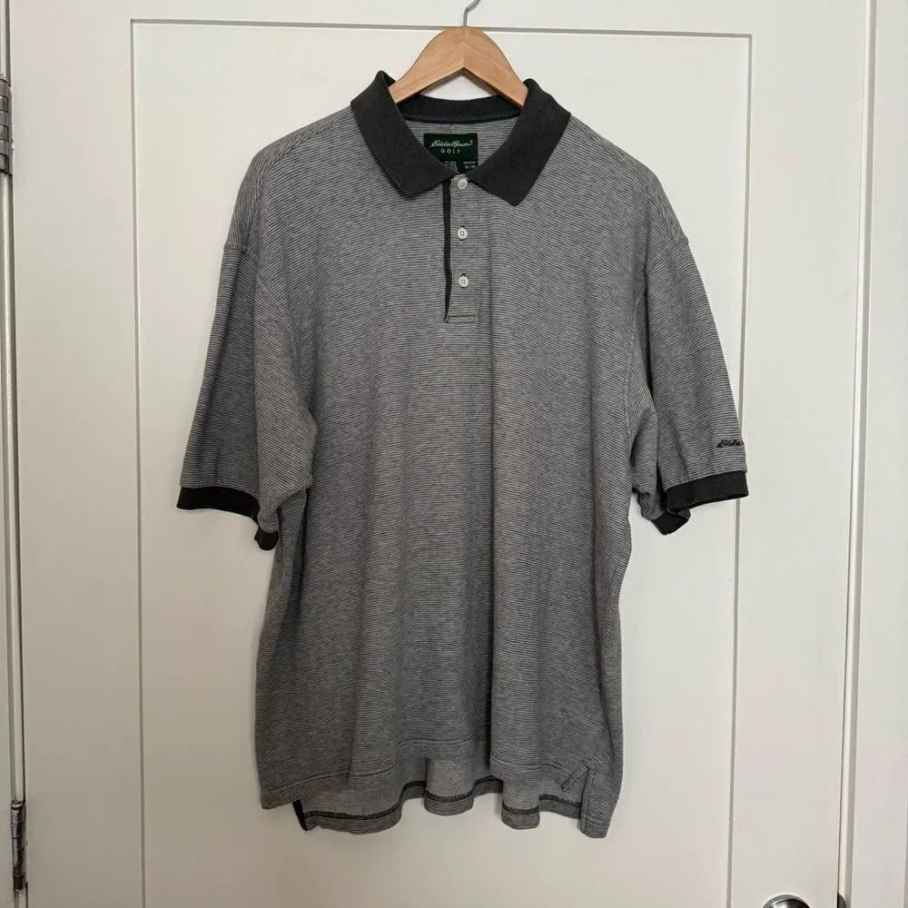 Eddie Bauer Golf Polo Shirt Men Sz XL Gray Striped Short Sleeve Logo 100% Cotton